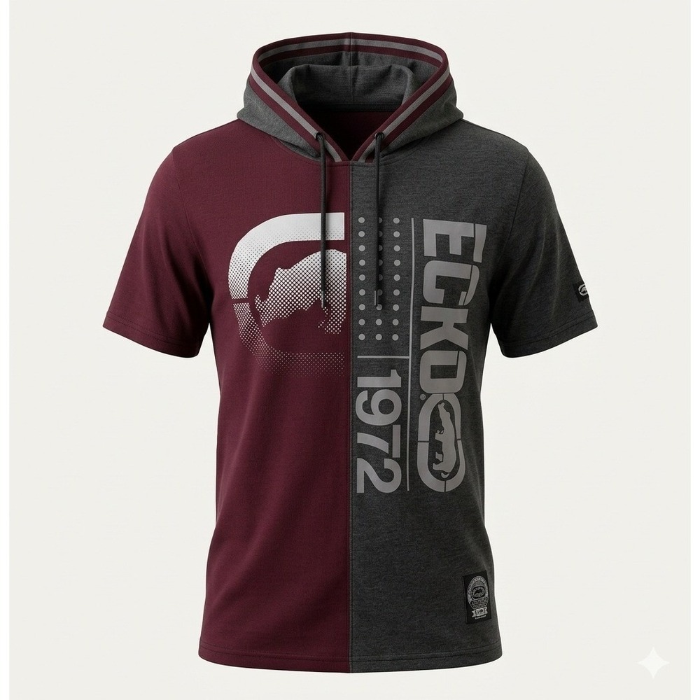 Ecko Unltd. Men's Small Short Sleeve Hoodie Burgundy Charcoal Split Y2K NWT